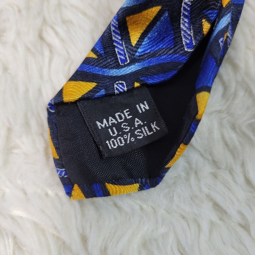 Vintage 90's Silk Necktie Men's Foulard Fence Patrern Blue & Yellow Geometric - Picture 6 of 8